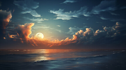 A full moon rising over the ocean