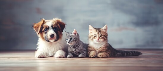 A tiny puppy and a furry kitten sit on the floor in a wide horizontal banner image