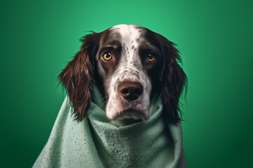 Conceptual portrait photography of a curious english springer spaniel wearing a thermal blanket against a green background. With generative AI technology - obrazy, fototapety, plakaty