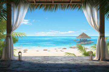 Fototapeta na wymiar A 3D beach gazebo, palm fringed tropical coast, endless ocean horizon