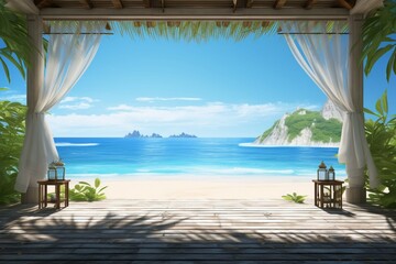 Fototapeta na wymiar A 3D beach gazebo, palm fringed tropical coast, endless ocean horizon