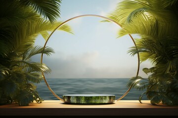 A minimalist podium, a canvas for product presentation with a tropical, natural touch