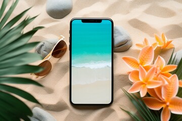 Beach accessories flat lay smartphone mockup with blank screen, inviting your creativity