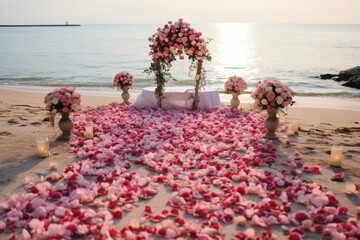 Elegant beach wedding adorned with romantic red and pink roses and petals