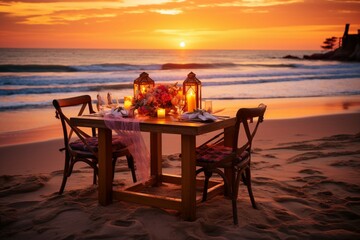 Elegant beachfront dining Warm sunset hues create a captivating atmosphere for love and relaxation
