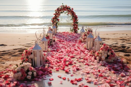Elegant beach wedding adorned with romantic red and pink roses and petals