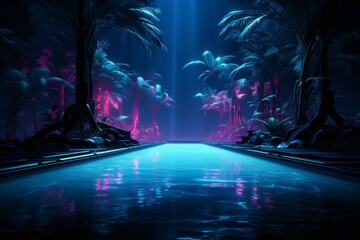 Jungle ambiance transformed by a soothing light blue neon sign's ethereal glow - obrazy, fototapety, plakaty