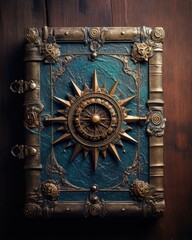 Nautical Tales: Ancient Book Cover Resting on a Wooden Table, Generative AI