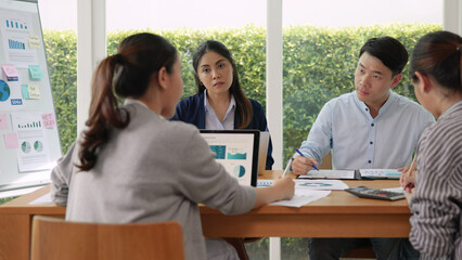 Carbon offset price report CO2 emission. Future growth Net zero waste in ESG ethical SME office protect climate change global warming social issues project. Group of asia people Eco friendly SDGs plan