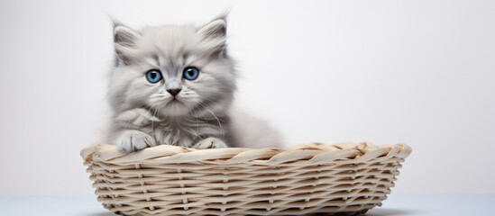 Fototapeta na wymiar A small homemade white kitten rests in a white basket