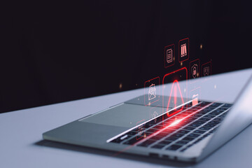 System warning hacked alert, cyber attack on computer network. programmer, Businessman staff, developer using technology with triangle caution warning sign notification error and maintenance concept.