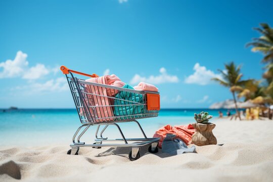 Retail therapy by the shore Beach cart, sand, and summertime sales