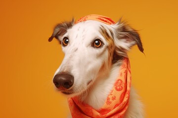 Headshot portrait photography of a funny borzoi wearing a polka dot bandana against a bright orange background. With generative AI technology
