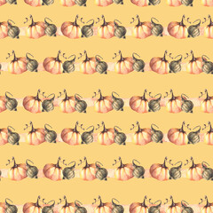 Vegetable seamless pumpkins striped pattern. Isolated yellow background. Watercolor autumn illustration. Hand drawing repeating fall design for thanksgiving cards, posters, halloween wrapping, prints