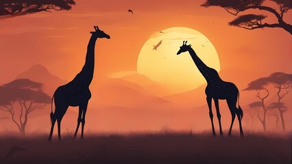 Fototapeta na wymiar Silhouette of giraffes in sunset