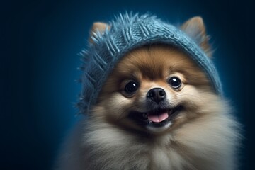 Medium shot portrait photography of a funny pomeranian wearing a snood against a deep indigo background. With generative AI technology