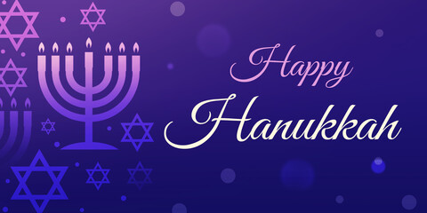 Blue and purple Hanukkah banner design with shapes and typography. Jewish religious festival wallpaper backdrop