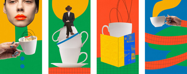 Contemporary art collage. Modern creative artwork. Set made of posters about start morning with coffee before work. Energy drink.