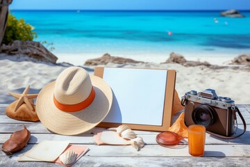 Fototapeta na wymiar Summer travel essentials Beach backdrop, camera, and blank photo paper for memories