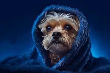 Close-up portrait photography of a funny lowchen dog wearing a thermal blanket against a deep indigo background. With generative AI technology