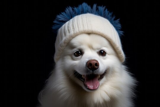 Close-up portrait photography of a smiling american eskimo dog wearing a winter hat against a deep indigo background. With generative AI technology