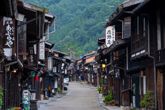 Narai&ndash;juku , Edo village on Enakyo Nakasendo trails during summer morning at Gifu , Japan : 29 August 2019.
