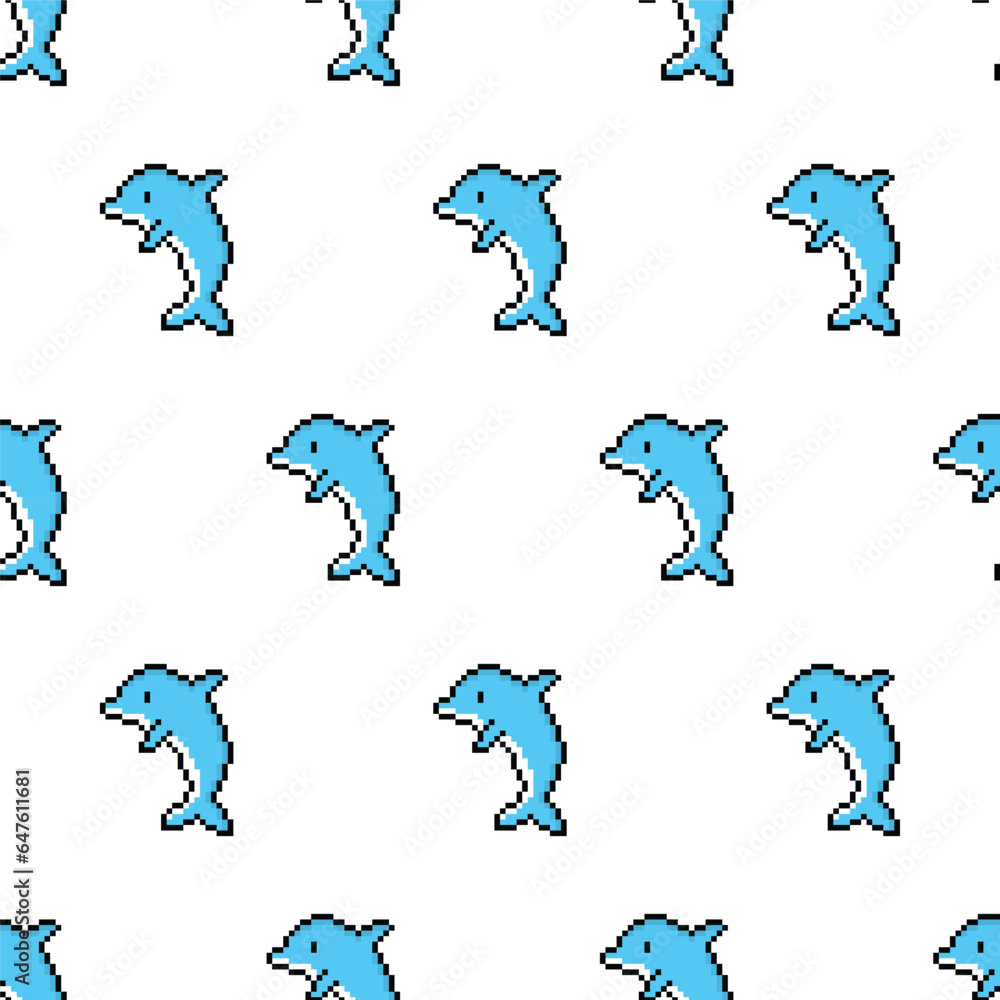 Poster pixel dolphin seamless pattern vector marine dolphin background pixel art 8 bit game