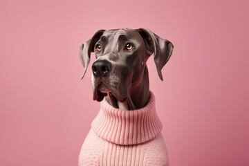 Group portrait photography of a funny great dane wearing a cashmere sweater against a peachy pink background. With generative AI technology - obrazy, fototapety, plakaty