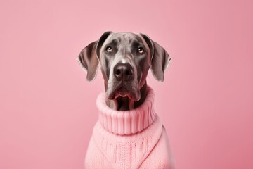 Group portrait photography of a funny great dane wearing a cashmere sweater against a peachy pink background. With generative AI technology