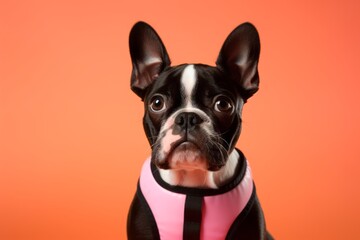 Close-up portrait photography of a cute boston terrier wearing a swimming vest against a peachy pink background. With generative AI technology