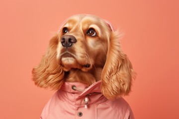 Photography in the style of pensive portraiture of a smiling cocker spaniel wearing a parka against a peachy pink background. With generative AI technology