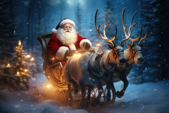 Santa Claus riding his sleigh with reindeer