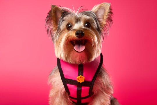 Environmental portrait photography of a smiling yorkshire terrier wearing a swimming vest against a hot pink background. With generative AI technology