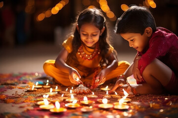 Indian child group celebrating diwali festival.