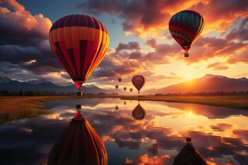 Obraz premium Group Of Hot Air Balloons Soaring, Generative AI