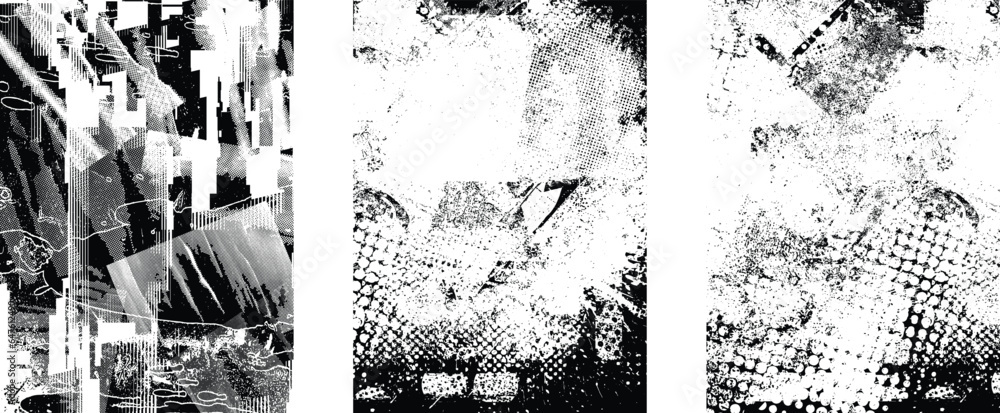 Aufkleber Glitch distorted grungy isolated layers . Design element for brochure, social media, posters, flyers. Overlay texture.Textured banner with Distress effect .Vector halftone dots . Screen print texture
