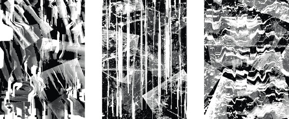 Glitch distorted grungy isolated layers . Design element for brochure, social media, posters, flyers. Overlay texture.Textured banner with Distress effect .Vector halftone dots . Screen print texture