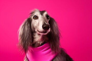 Medium shot portrait photography of a smiling afghan hound dog wearing a sports jersey against a hot pink background. With generative AI technology