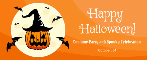 Halloween party invitation banner, greeting card, flyer with creepy pumpkin, full moon on the background with flying bats around.