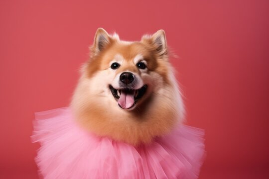 Headshot portrait photography of a smiling finnish spitz wearing a tutu skirt against a hot pink background. With generative AI technology