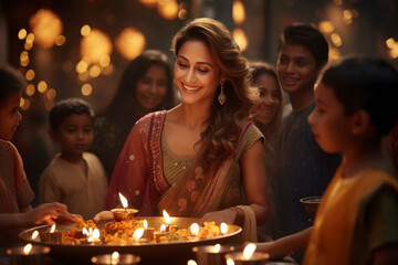 Indian woman serve ice cream and celebrating traditional festival diwali.