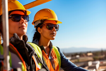 Portrait of young woman partners in work safety clothing working outside on a sunny day. Smiling, cheerful, equality at work.  Happiness, skilled occupation