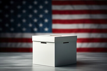 Ballot box on the American national flag background. Presidential election voting concept. Generative AI. - obrazy, fototapety, plakaty