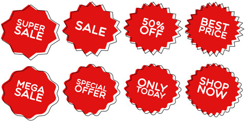 Sale set stickers. Red spiky polygonal stickers. Sale, shop now, only today, special offer, best price.