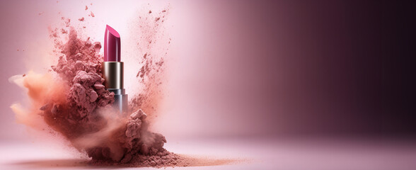 Generative AI, Nude beige color lipstick, beige and pink powder splashes and smoke with copy space.