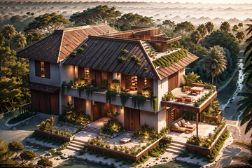 Luxury jungle villa with roof garden, glass villa with a sloping roof, modern House