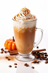 Fall pumpkin spice latte glass mug with pumpkin and cinnamon stick 