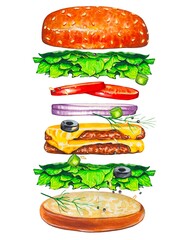 Flying burger with ingredients, watercolor