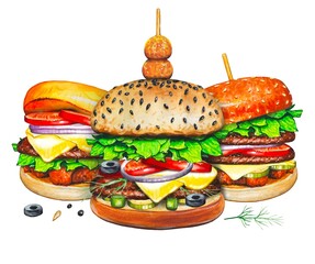 Three burgers, hand drawn, fast food watercolor illustration.