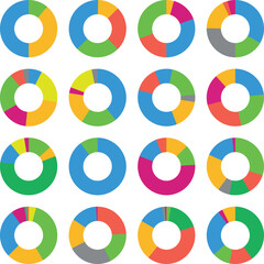 A set of infographic pie charts. Colorful chart with highlights or steps and a hole inside. Vector illustration for infographics, web design or business presentation.